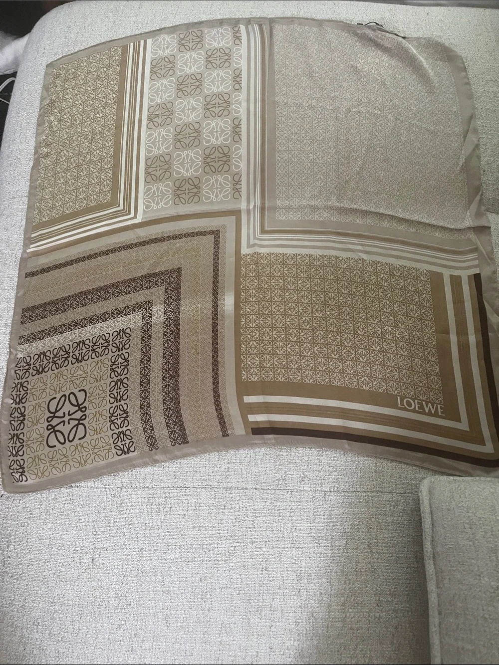 Loewe Beige and Brown Logo Motif Silk Scarf